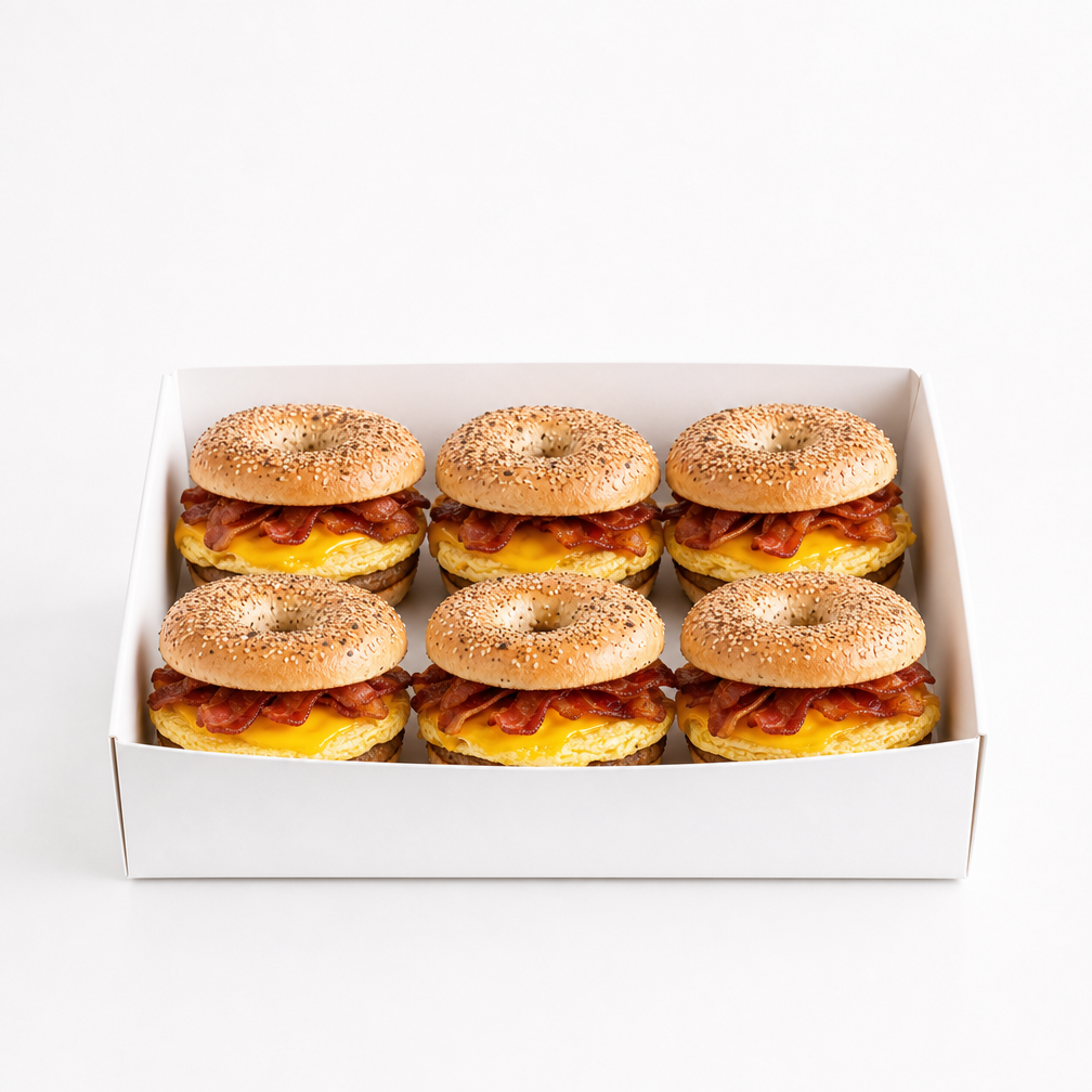 Egg, Cheese, Bacon, and Sausage on a Bagel