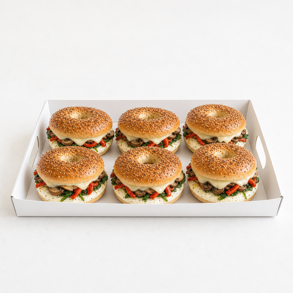 Egg Whites, Mushrooms, Spinach, Red Pepper, and Cheese on a Bagel